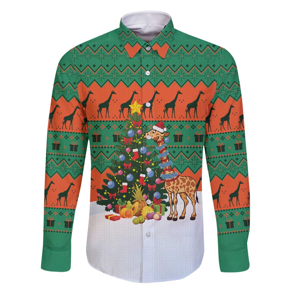 Giraffes Decorating Tree Gifts Family Matching Puletasi and Hawaiian Shirt with Orange Green Holiday Pattern Design - Wonder Print Shop