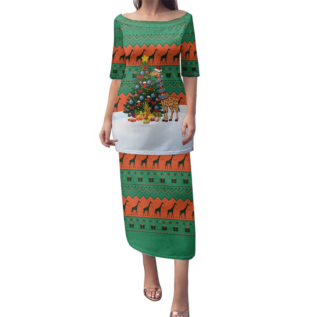 Giraffes Decorating Tree Gifts Family Matching Puletasi and Hawaiian Shirt with Orange Green Holiday Pattern Design - Wonder Print Shop