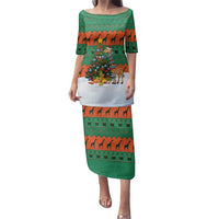 Giraffes Decorating Tree Gifts Family Matching Puletasi and Hawaiian Shirt with Orange Green Holiday Pattern Design - Wonder Print Shop