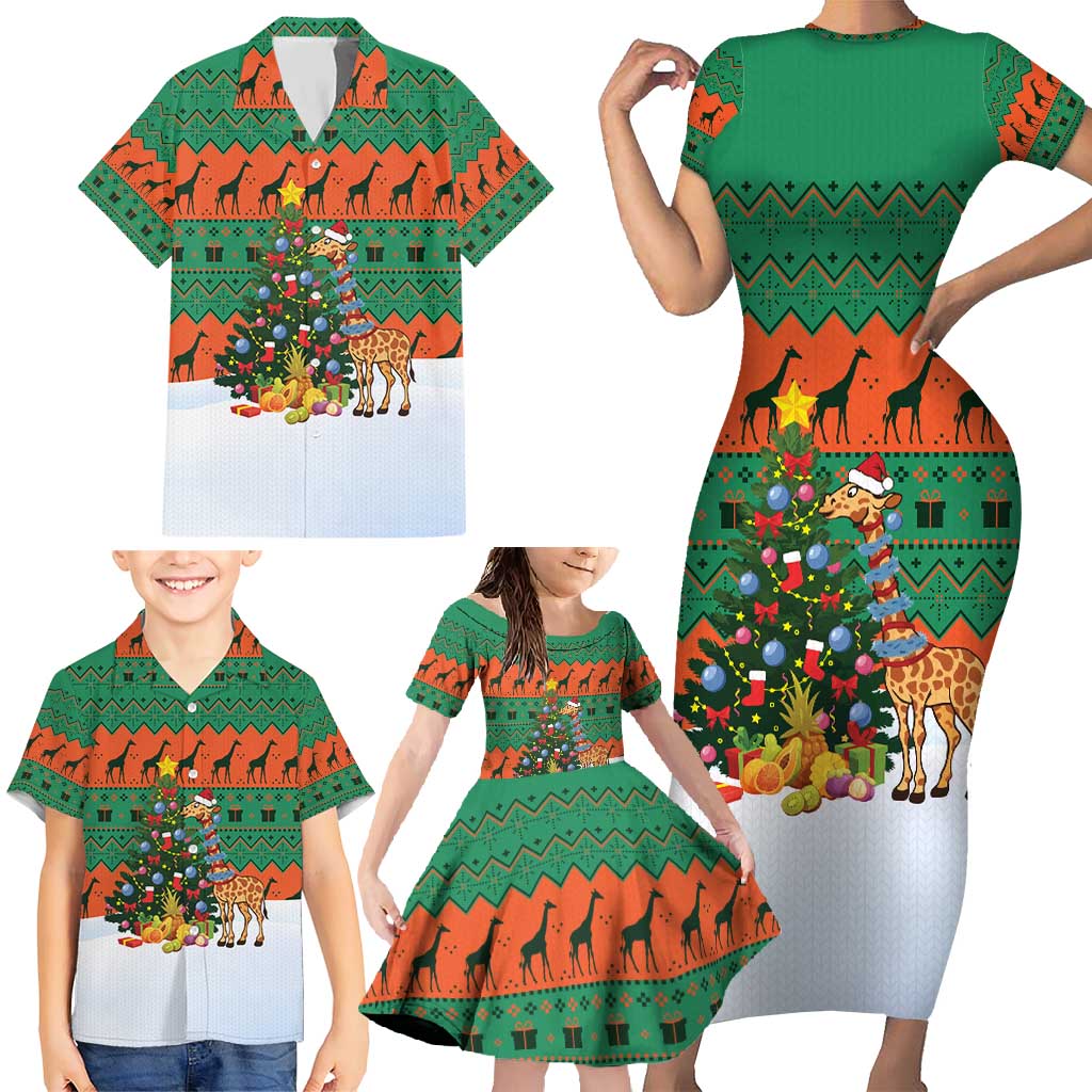 Giraffes Decorating Tree Gifts Family Matching Short Sleeve Bodycon Dress and Hawaiian Shirt with Orange Green Holiday Pattern Design - Wonder Print Shop