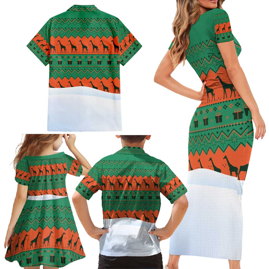 Giraffes Decorating Tree Gifts Family Matching Short Sleeve Bodycon Dress and Hawaiian Shirt with Orange Green Holiday Pattern Design - Wonder Print Shop
