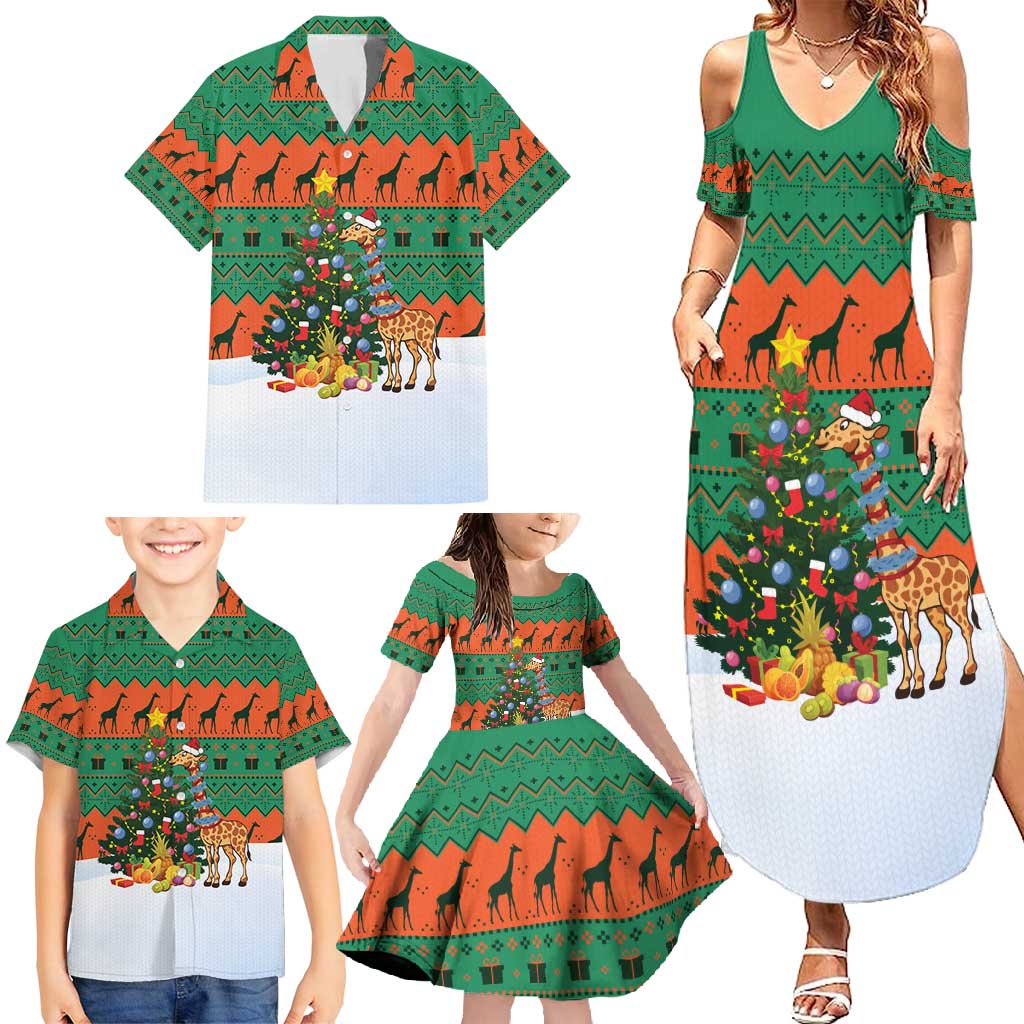 Giraffes Decorating Tree Gifts Family Matching Summer Maxi Dress and Hawaiian Shirt with Orange Green Holiday Pattern Design - Wonder Print Shop