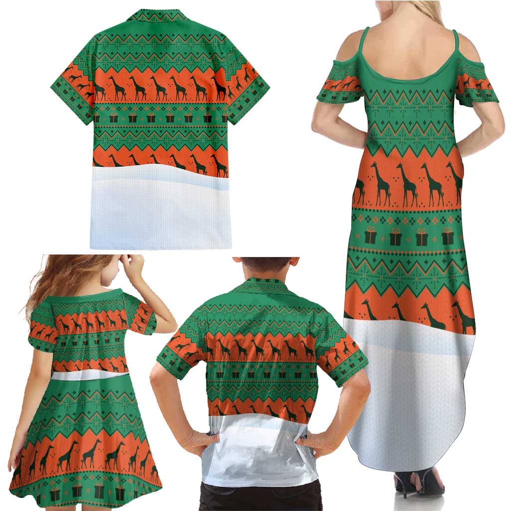 Giraffes Decorating Tree Gifts Family Matching Summer Maxi Dress and Hawaiian Shirt with Orange Green Holiday Pattern Design - Wonder Print Shop