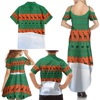 Giraffes Decorating Tree Gifts Family Matching Summer Maxi Dress and Hawaiian Shirt with Orange Green Holiday Pattern Design - Wonder Print Shop