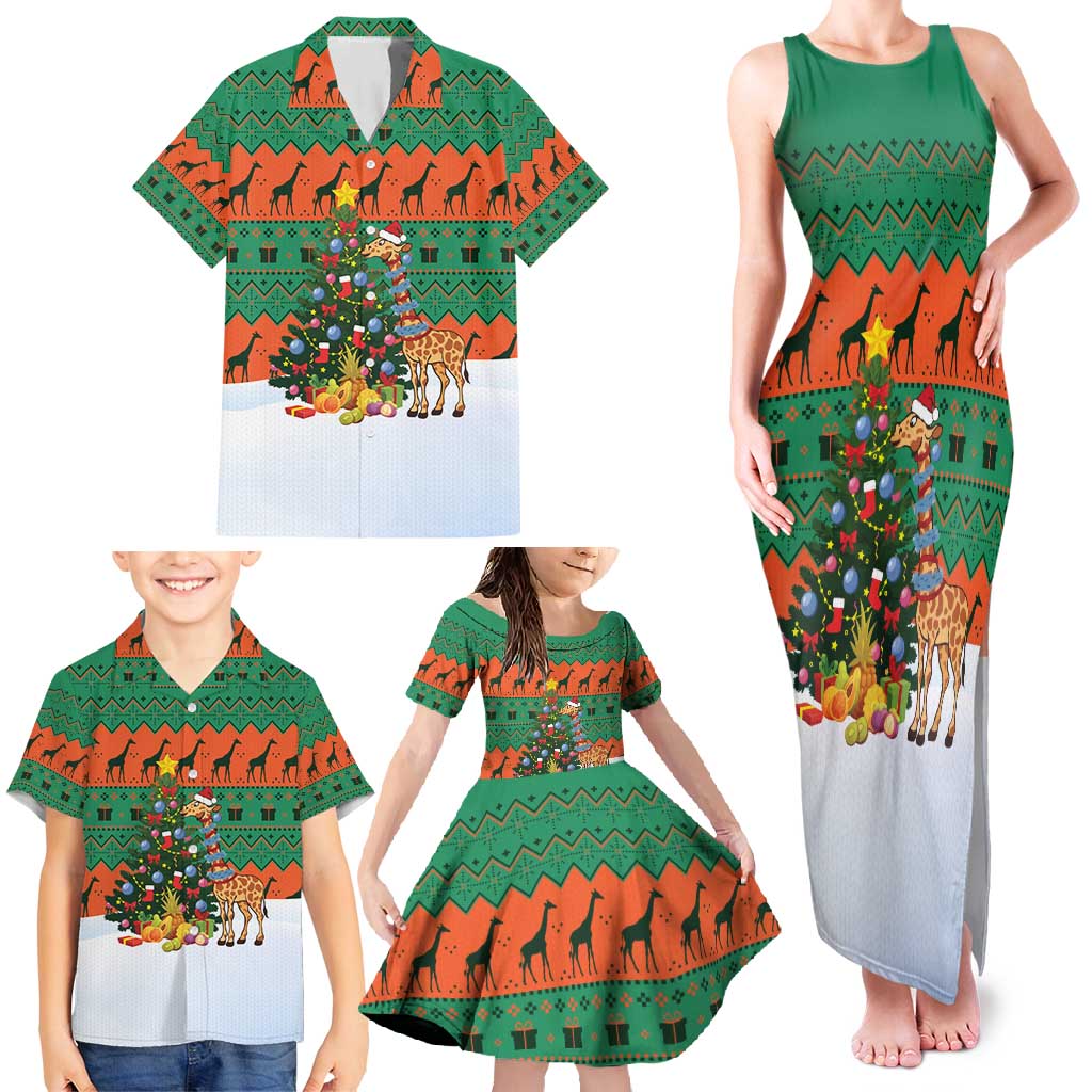 Giraffes Decorating Tree Gifts Family Matching Tank Maxi Dress and Hawaiian Shirt with Orange Green Holiday Pattern Design - Wonder Print Shop