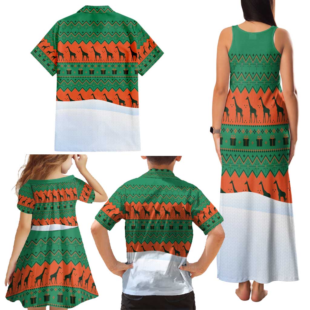 Giraffes Decorating Tree Gifts Family Matching Tank Maxi Dress and Hawaiian Shirt with Orange Green Holiday Pattern Design - Wonder Print Shop
