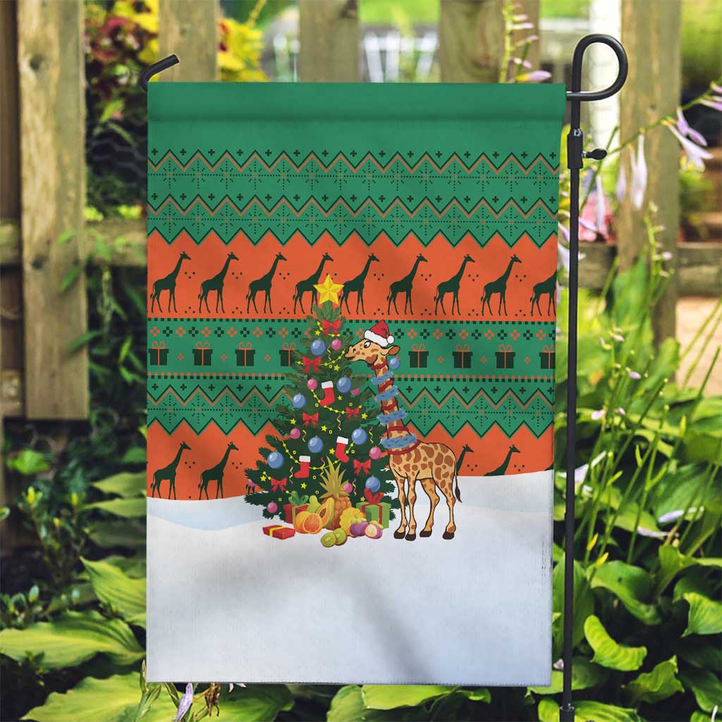 Giraffes Decorating Tree Gifts Garden Flag with Orange Green Holiday Pattern Design - Wonder Print Shop