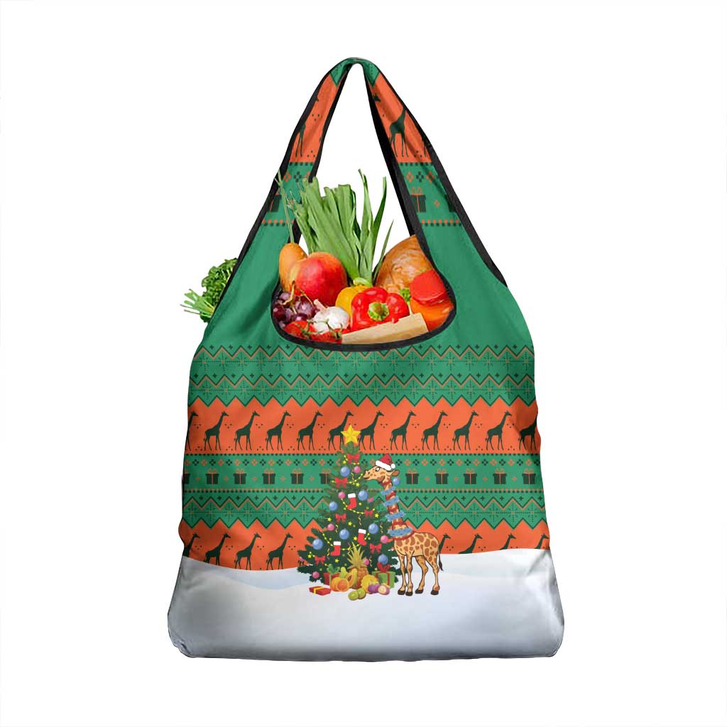 Giraffes Decorating Tree Gifts Grocery Bag with Orange Green Holiday Pattern Design - Wonder Print Shop