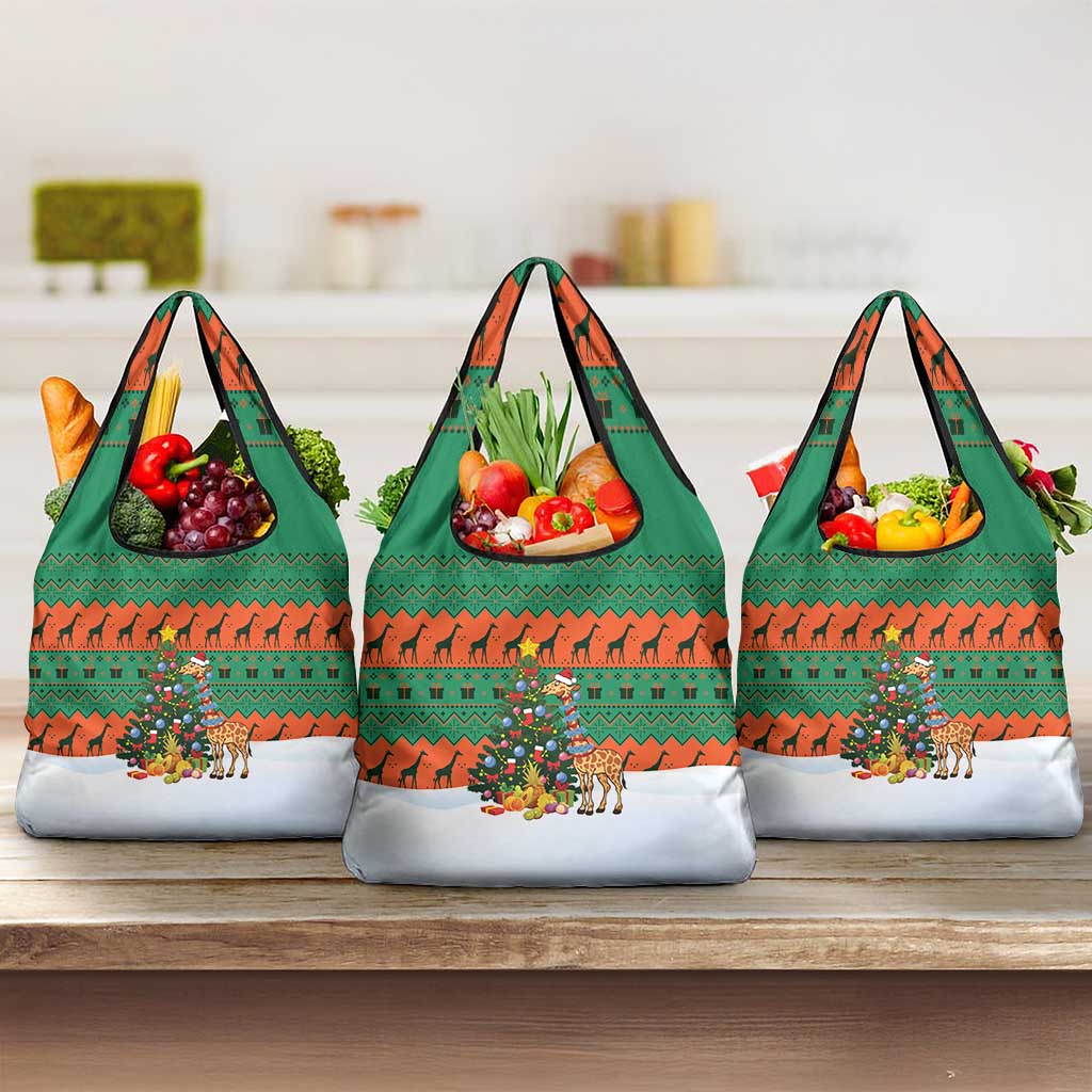 Giraffes Decorating Tree Gifts Grocery Bag with Orange Green Holiday Pattern Design - Wonder Print Shop