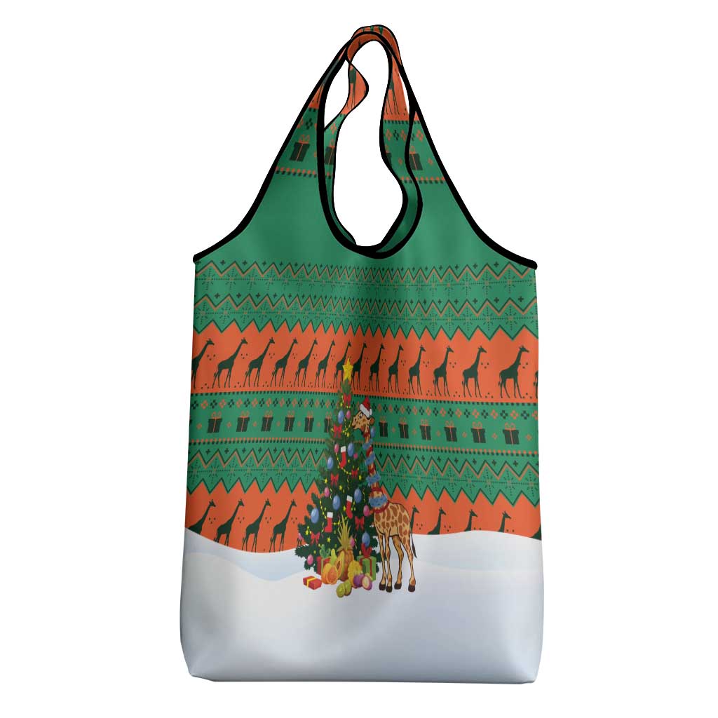 Giraffes Decorating Tree Gifts Grocery Bag with Orange Green Holiday Pattern Design - Wonder Print Shop