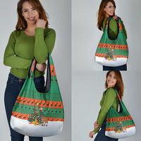 Giraffes Decorating Tree Gifts Grocery Bag with Orange Green Holiday Pattern Design - Wonder Print Shop