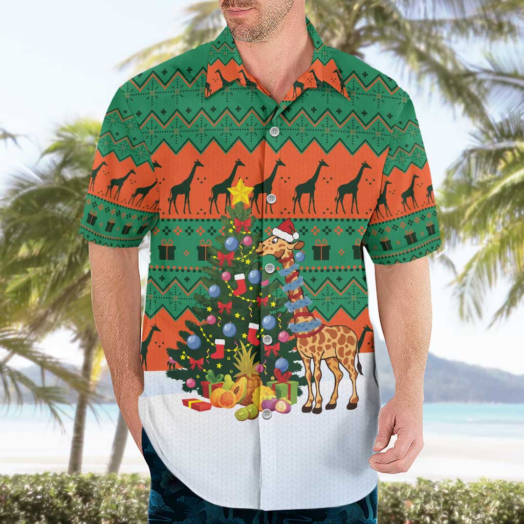 Giraffes Decorating Tree Gifts Hawaiian Shirt with Orange Green Holiday Pattern Design - Wonder Print Shop