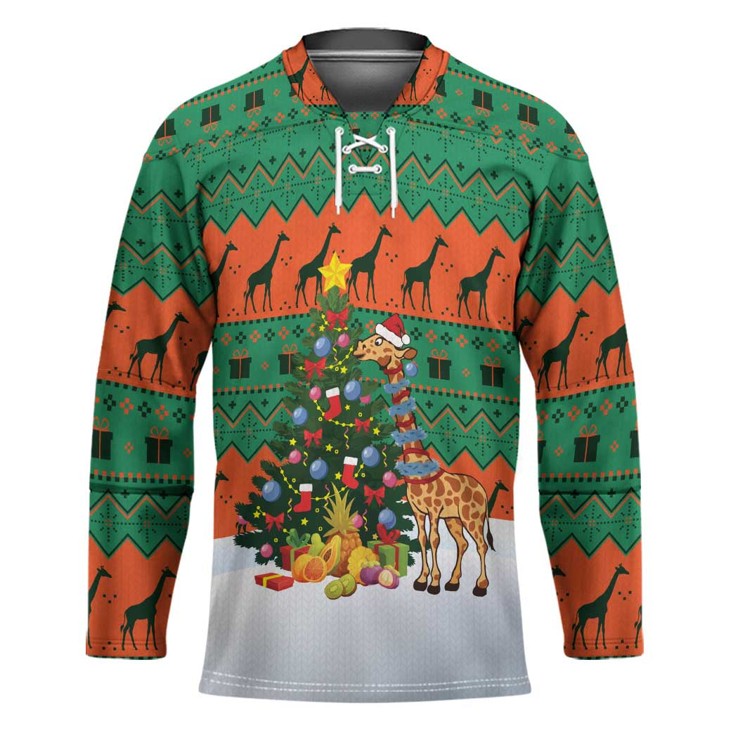 Giraffes Decorating Tree Gifts Hockey Jersey with Orange Green Holiday Pattern Design - Wonder Print Shop