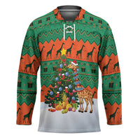 Giraffes Decorating Tree Gifts Hockey Jersey with Orange Green Holiday Pattern Design - Wonder Print Shop