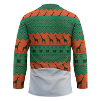 Giraffes Decorating Tree Gifts Hockey Jersey with Orange Green Holiday Pattern Design - Wonder Print Shop