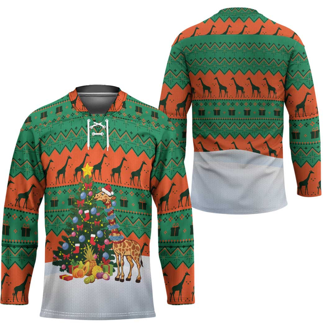 Giraffes Decorating Tree Gifts Hockey Jersey with Orange Green Holiday Pattern Design - Wonder Print Shop