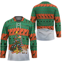 Giraffes Decorating Tree Gifts Hockey Jersey with Orange Green Holiday Pattern Design - Wonder Print Shop
