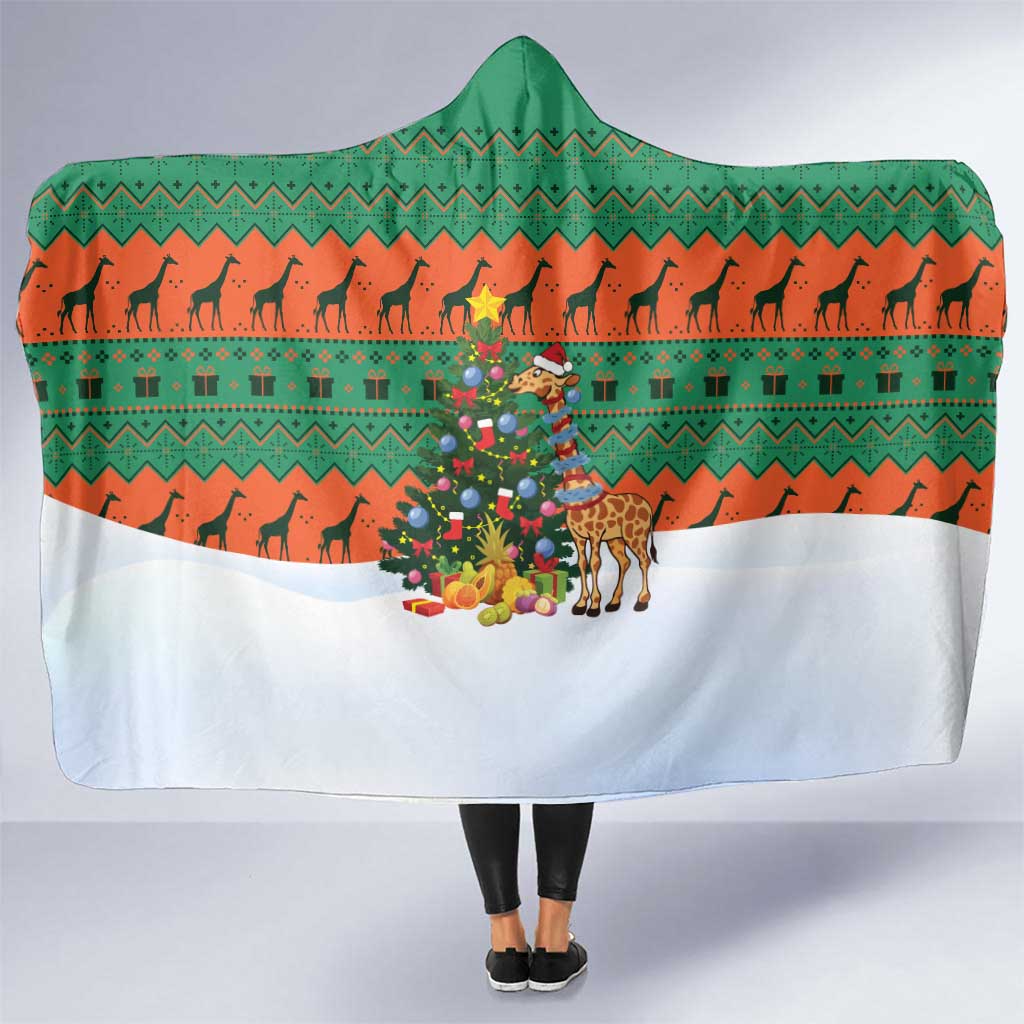 Giraffes Decorating Tree Gifts Hooded Blanket with Orange Green Holiday Pattern Design - Wonder Print Shop
