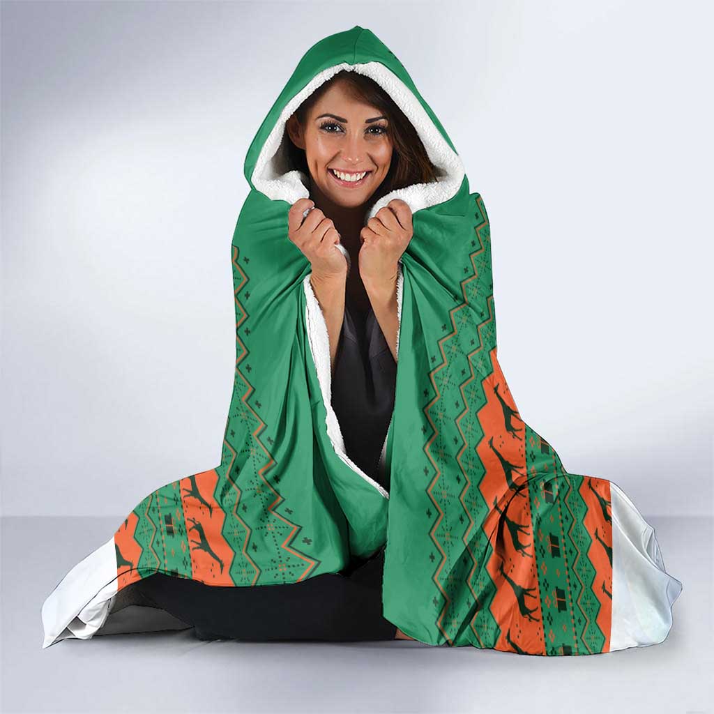 Giraffes Decorating Tree Gifts Hooded Blanket with Orange Green Holiday Pattern Design - Wonder Print Shop