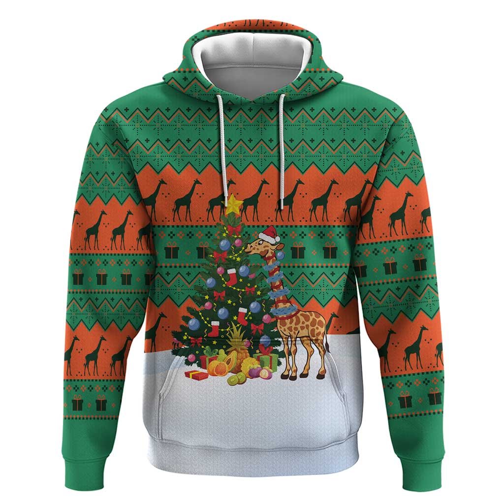 Giraffes Decorating Tree Gifts Hoodie with Orange Green Holiday Pattern Design - Wonder Print Shop