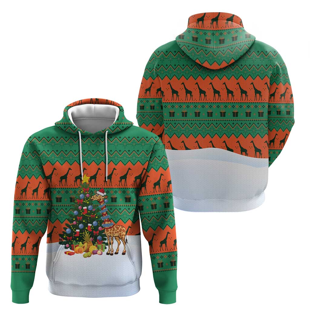 Giraffes Decorating Tree Gifts Hoodie with Orange Green Holiday Pattern Design - Wonder Print Shop