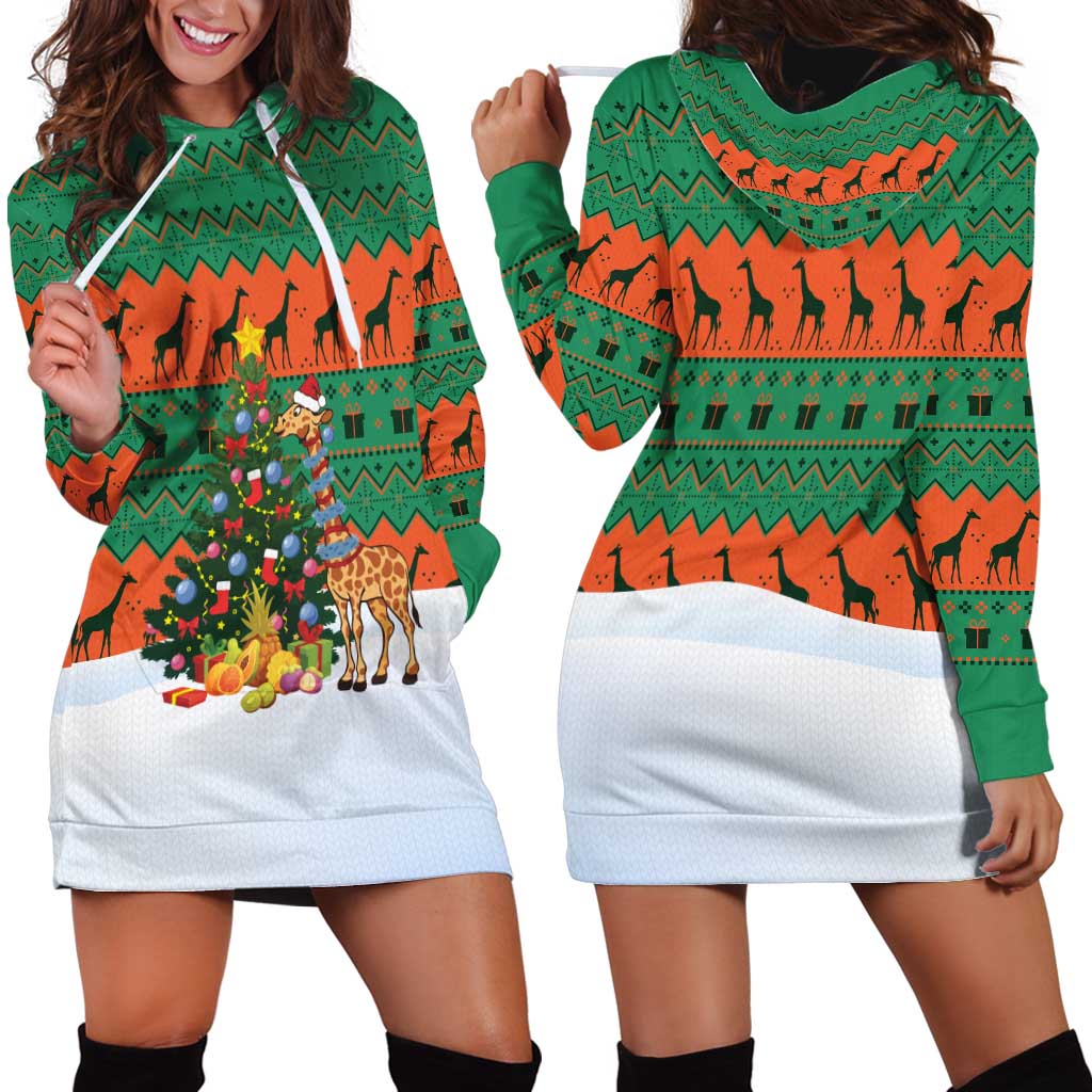 Giraffes Decorating Tree Gifts Hoodie Dress with Orange Green Holiday Pattern Design - Wonder Print Shop