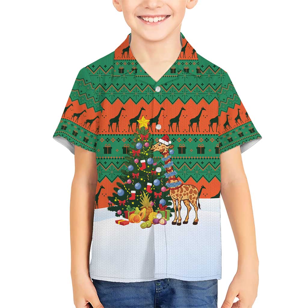 Giraffes Decorating Tree Gifts Kid Hawaiian Shirt with Orange Green Holiday Pattern Design - Wonder Print Shop