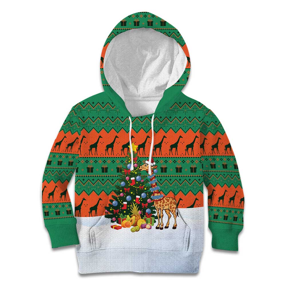 Giraffes Decorating Tree Gifts Kid Hoodie with Orange Green Holiday Pattern Design - Wonder Print Shop