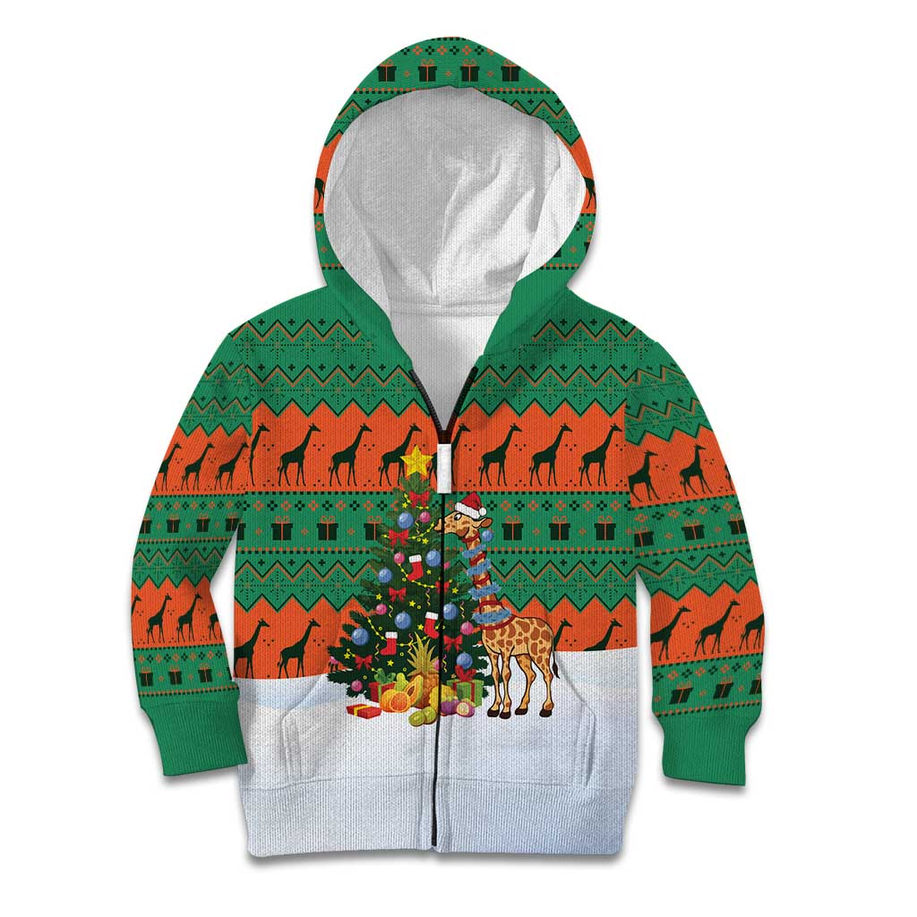 Giraffes Decorating Tree Gifts Kid Hoodie with Orange Green Holiday Pattern Design - Wonder Print Shop