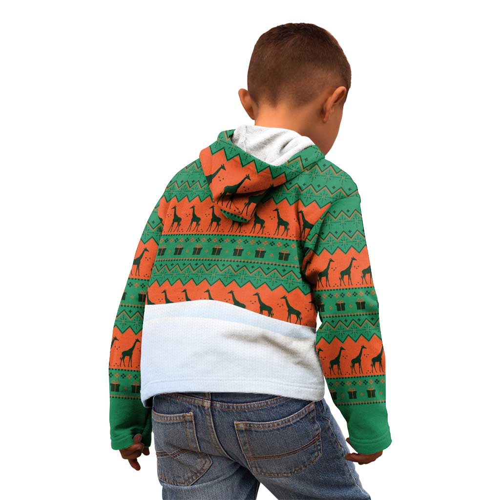 Giraffes Decorating Tree Gifts Kid Hoodie with Orange Green Holiday Pattern Design - Wonder Print Shop