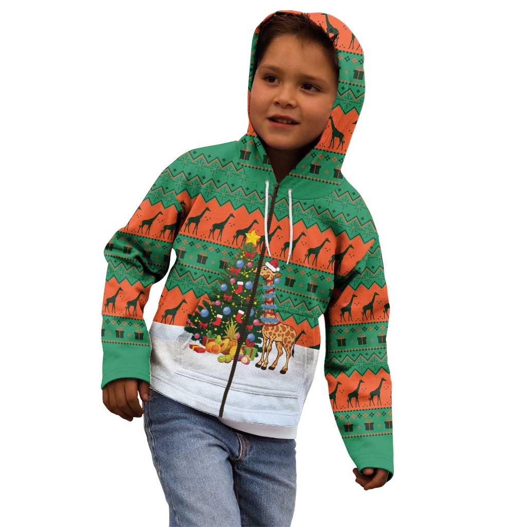 Giraffes Decorating Tree Gifts Kid Hoodie with Orange Green Holiday Pattern Design - Wonder Print Shop