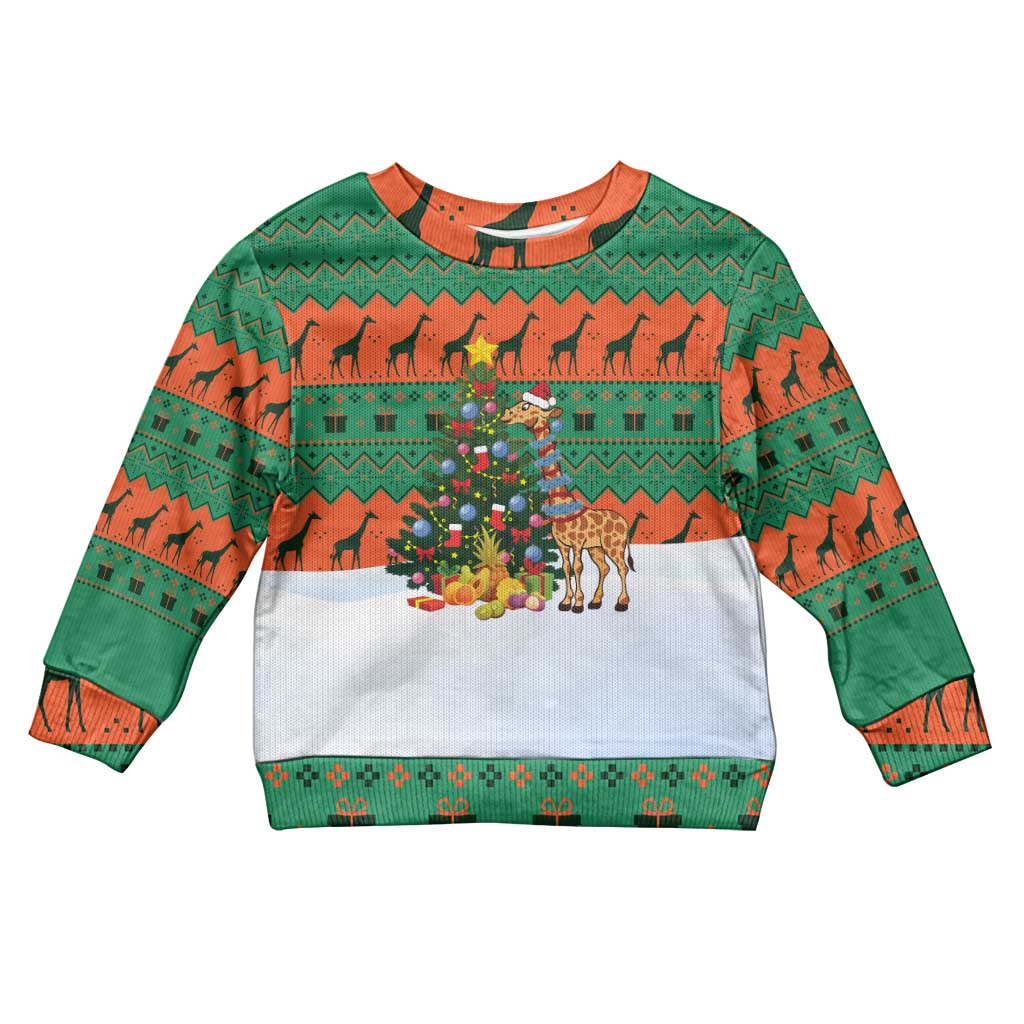 Giraffes Decorating Tree Gifts Kid Ugly Christmas Sweater with Orange Green Holiday Pattern Design - Wonder Print Shop