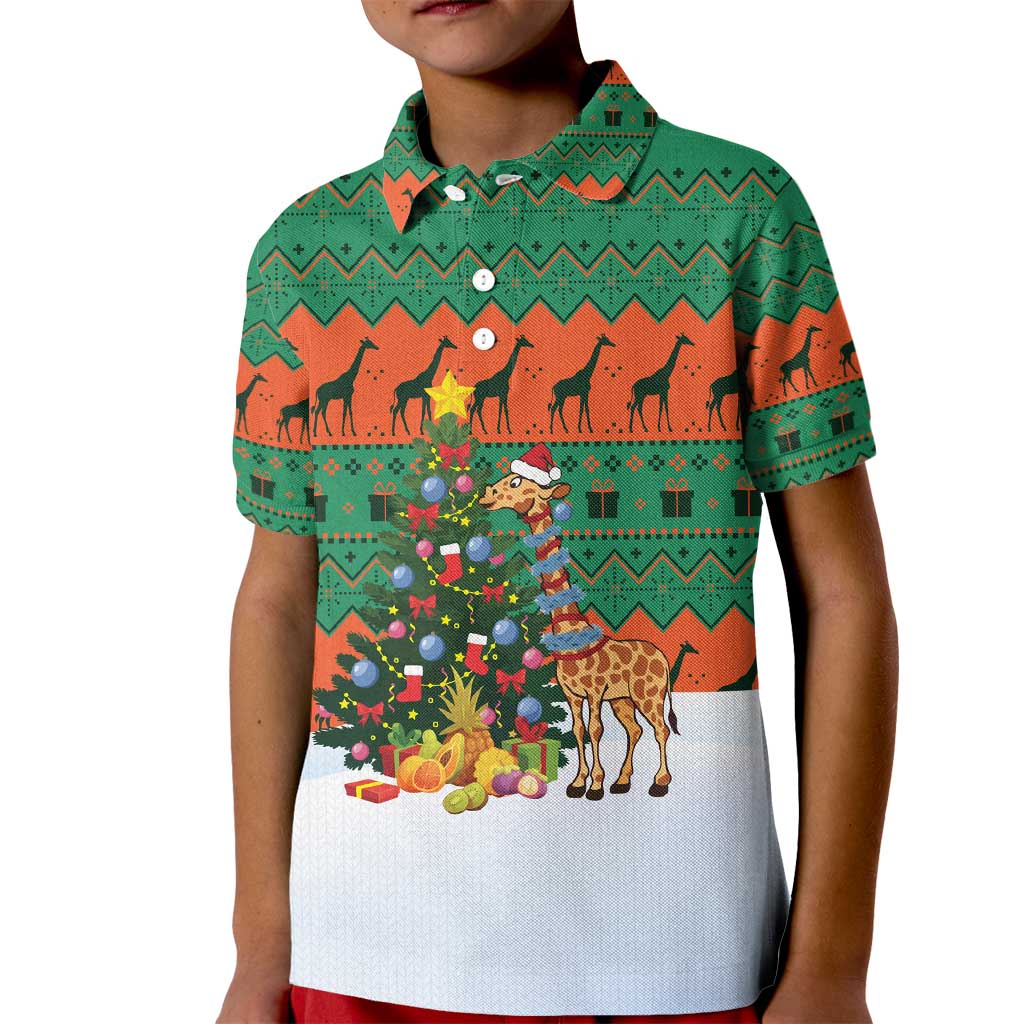 Giraffes Decorating Tree Gifts Kid Polo Shirt with Orange Green Holiday Pattern Design - Wonder Print Shop