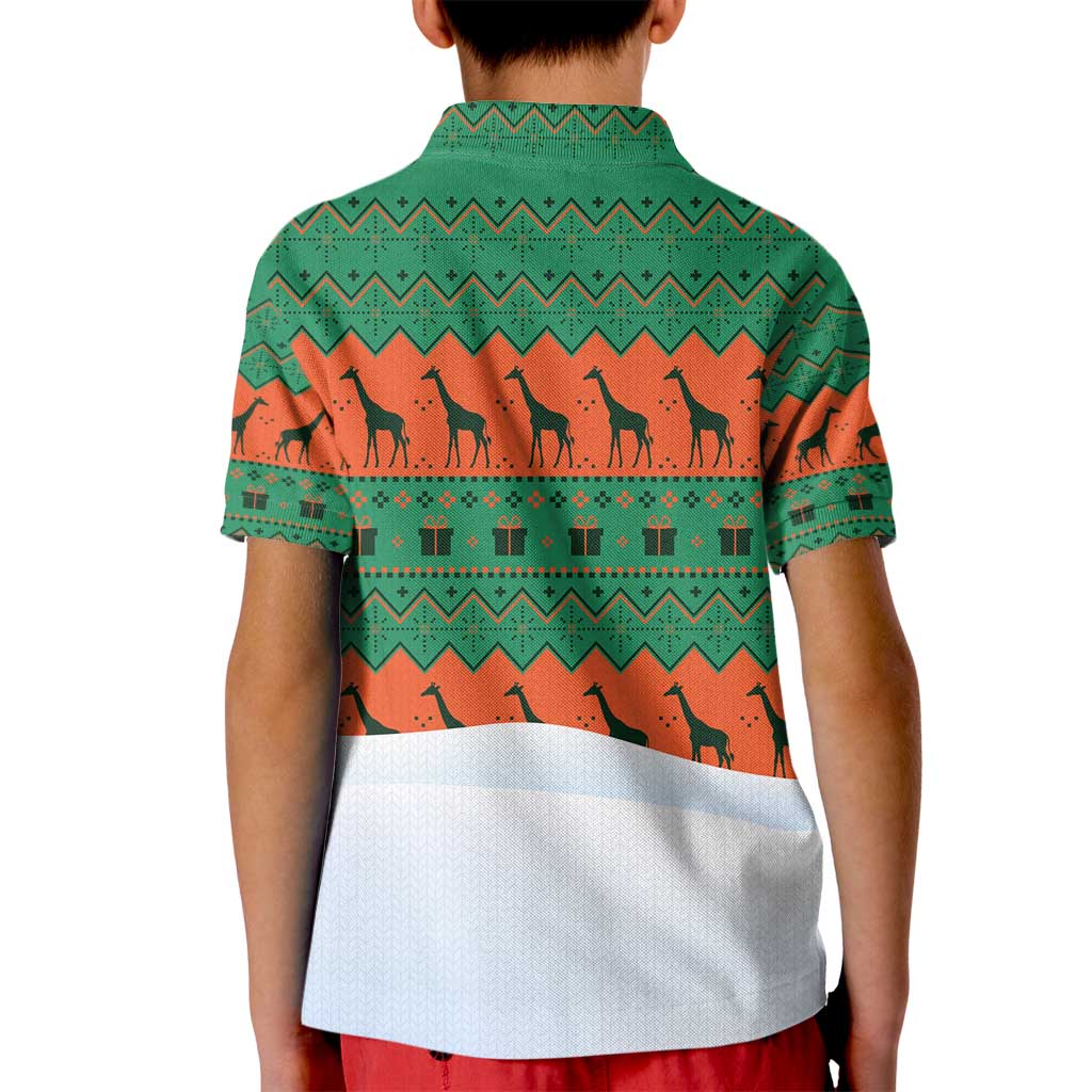 Giraffes Decorating Tree Gifts Kid Polo Shirt with Orange Green Holiday Pattern Design - Wonder Print Shop