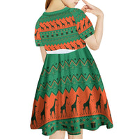 Giraffes Decorating Tree Gifts Kid Short Sleeve Dress with Orange Green Holiday Pattern Design - Wonder Print Shop