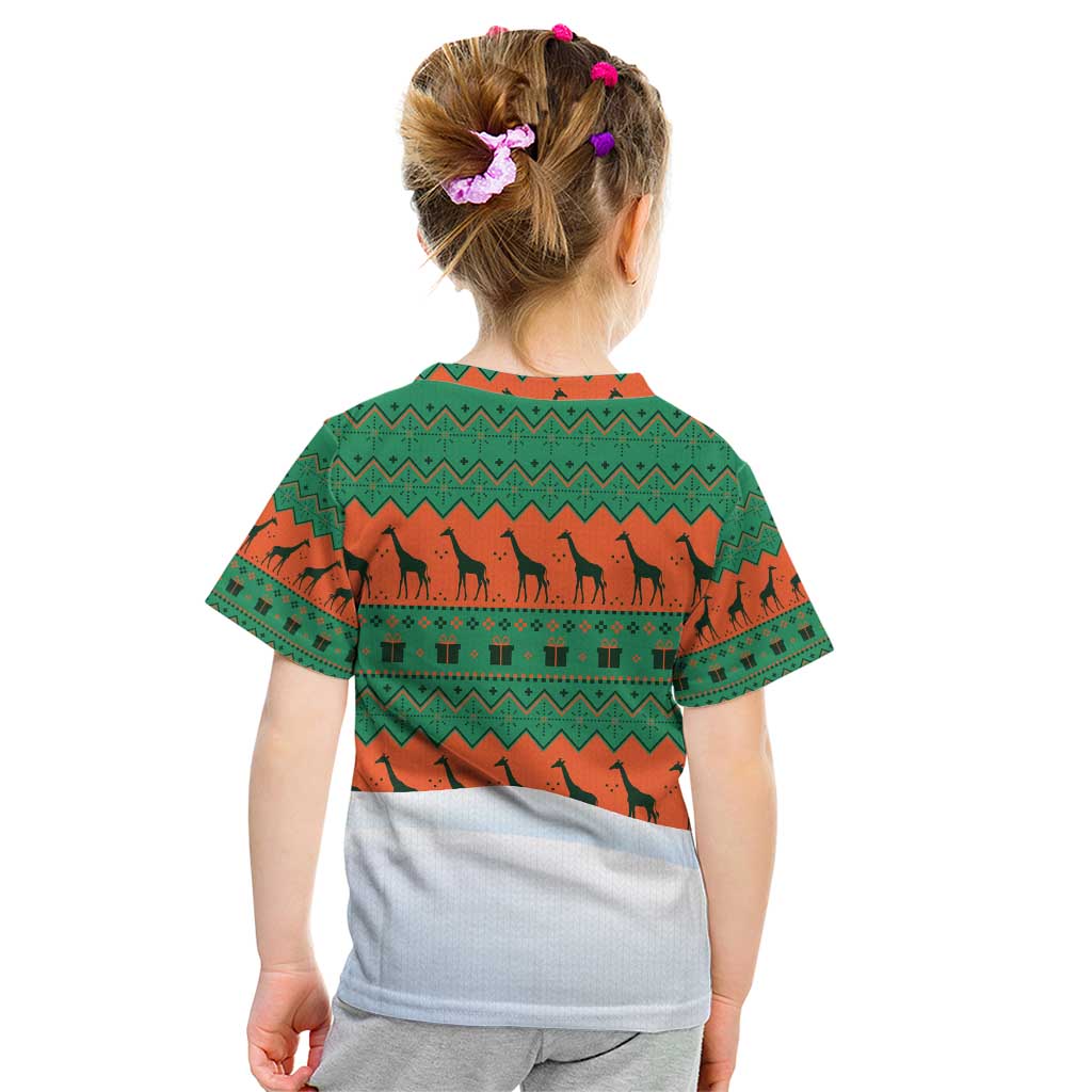 Giraffes Decorating Tree Gifts Kid T Shirt with Orange Green Holiday Pattern Design - Wonder Print Shop