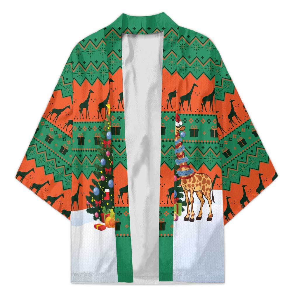 Giraffes Decorating Tree Gifts Kimono with Orange Green Holiday Pattern Design - Wonder Print Shop