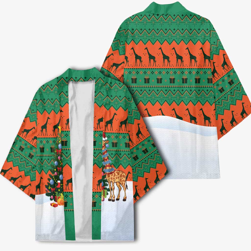 Giraffes Decorating Tree Gifts Kimono with Orange Green Holiday Pattern Design - Wonder Print Shop