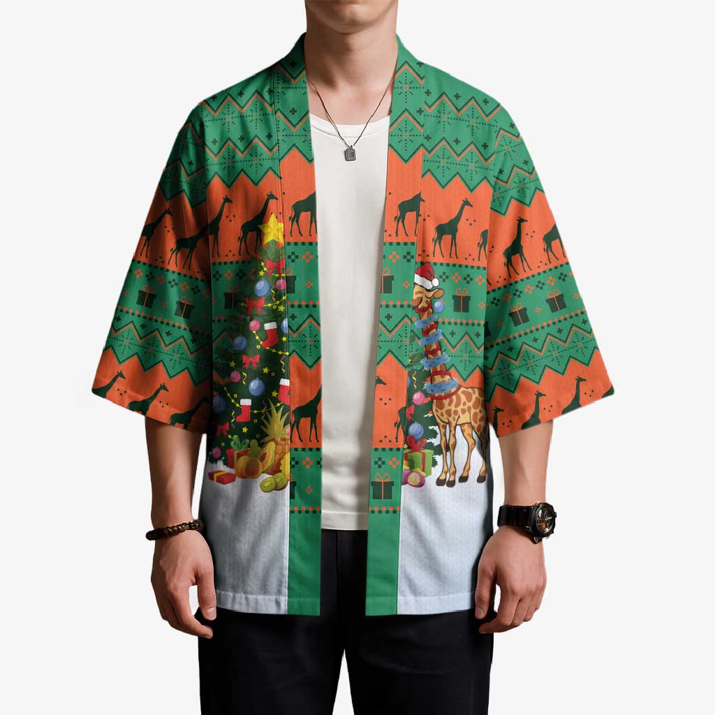Giraffes Decorating Tree Gifts Kimono with Orange Green Holiday Pattern Design - Wonder Print Shop