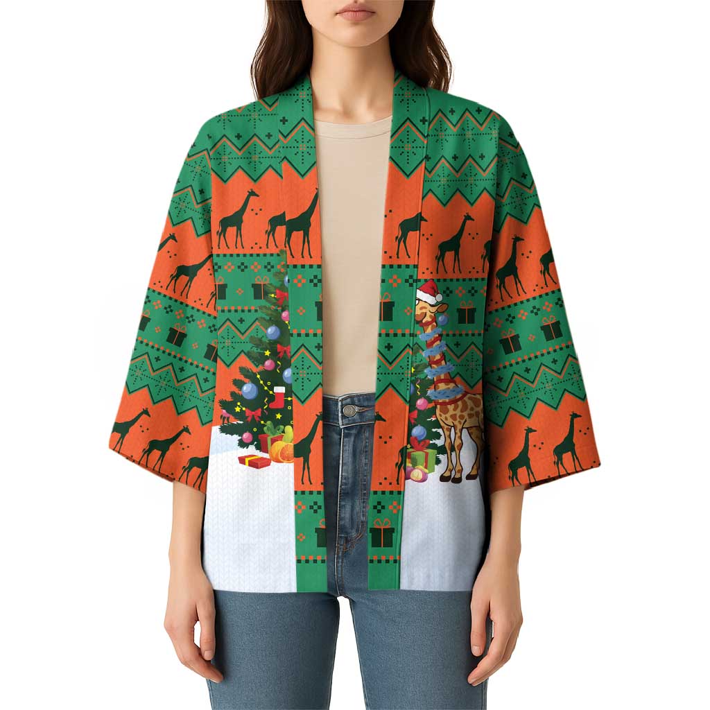 Giraffes Decorating Tree Gifts Kimono with Orange Green Holiday Pattern Design - Wonder Print Shop