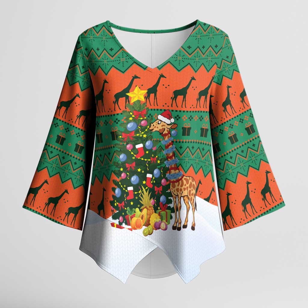 Giraffes Decorating Tree Gifts Kimono Sleeve Blouse with Orange Green Holiday Pattern Design - Wonder Print Shop