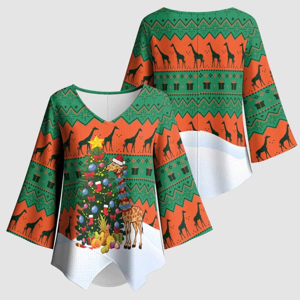 Giraffes Decorating Tree Gifts Kimono Sleeve Blouse with Orange Green Holiday Pattern Design - Wonder Print Shop