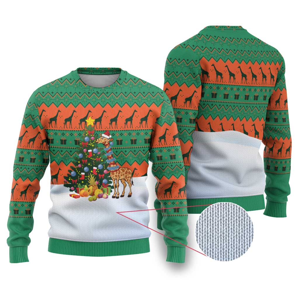 Giraffes Decorating Tree Gifts Ugly Christmas Sweater with Orange Green Holiday Pattern Design - Wonder Print Shop