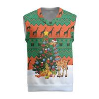 Giraffes Decorating Tree Gifts Christmas Knitted V-Neck Vest with Orange Green Holiday Pattern Design - Wonder Print Shop