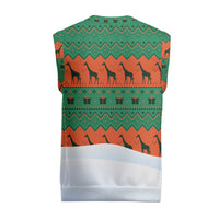 Giraffes Decorating Tree Gifts Christmas Knitted V-Neck Vest with Orange Green Holiday Pattern Design - Wonder Print Shop