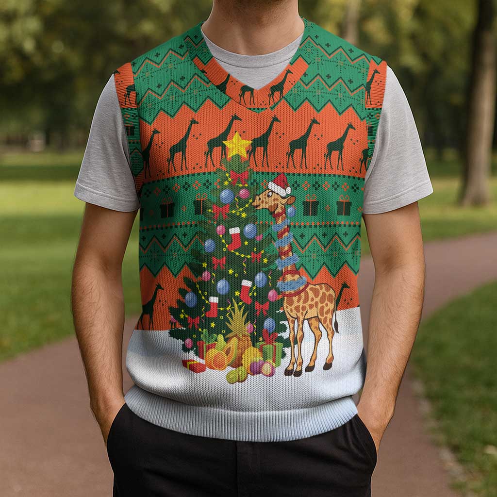 Giraffes Decorating Tree Gifts Christmas Knitted V-Neck Vest with Orange Green Holiday Pattern Design - Wonder Print Shop
