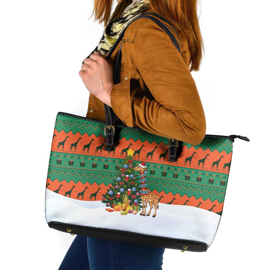 Giraffes Decorating Tree Gifts Leather Tote Bag with Orange Green Holiday Pattern Design - Wonder Print Shop