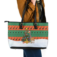 Giraffes Decorating Tree Gifts Leather Tote Bag with Orange Green Holiday Pattern Design - Wonder Print Shop