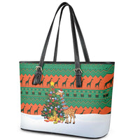 Giraffes Decorating Tree Gifts Leather Tote Bag with Orange Green Holiday Pattern Design - Wonder Print Shop