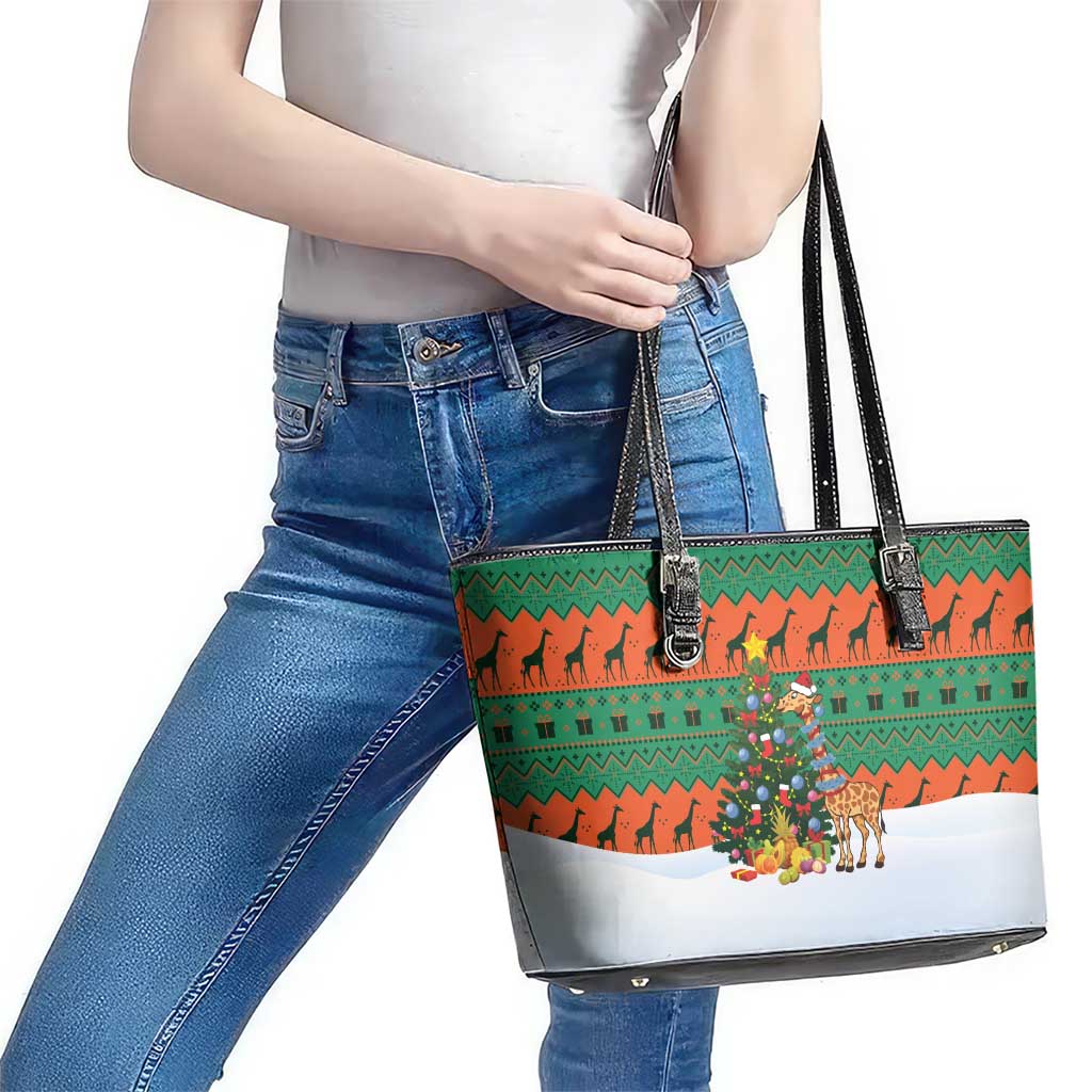 Giraffes Decorating Tree Gifts Leather Tote Bag with Orange Green Holiday Pattern Design - Wonder Print Shop